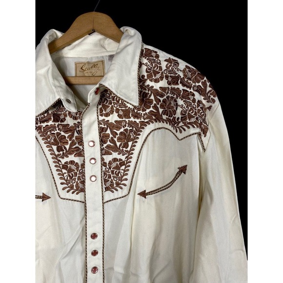 Scully 2XL Shirt White Brown Heavily Embroidered Rodeo Western Pearl Snap Mens - Picture 2 of 7